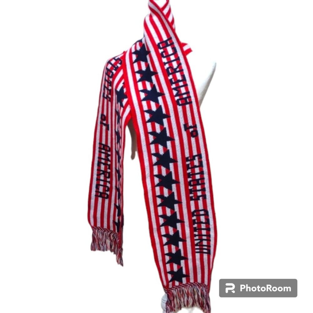 Knitmakers United States of America Blue Star Red White Stripe Fringe Long Scarf
